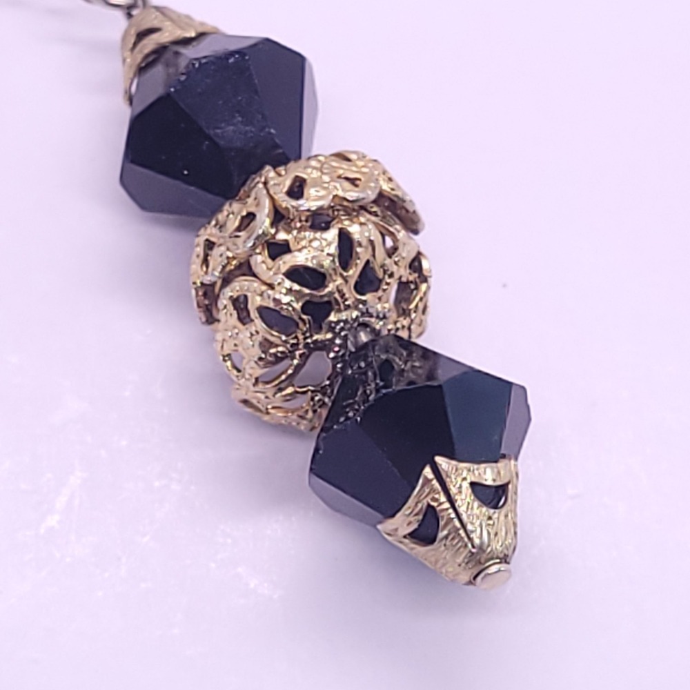 Vintage Black Faceted Bead Filigree Dangle Clip-On Earrings Gold Tone 60mm